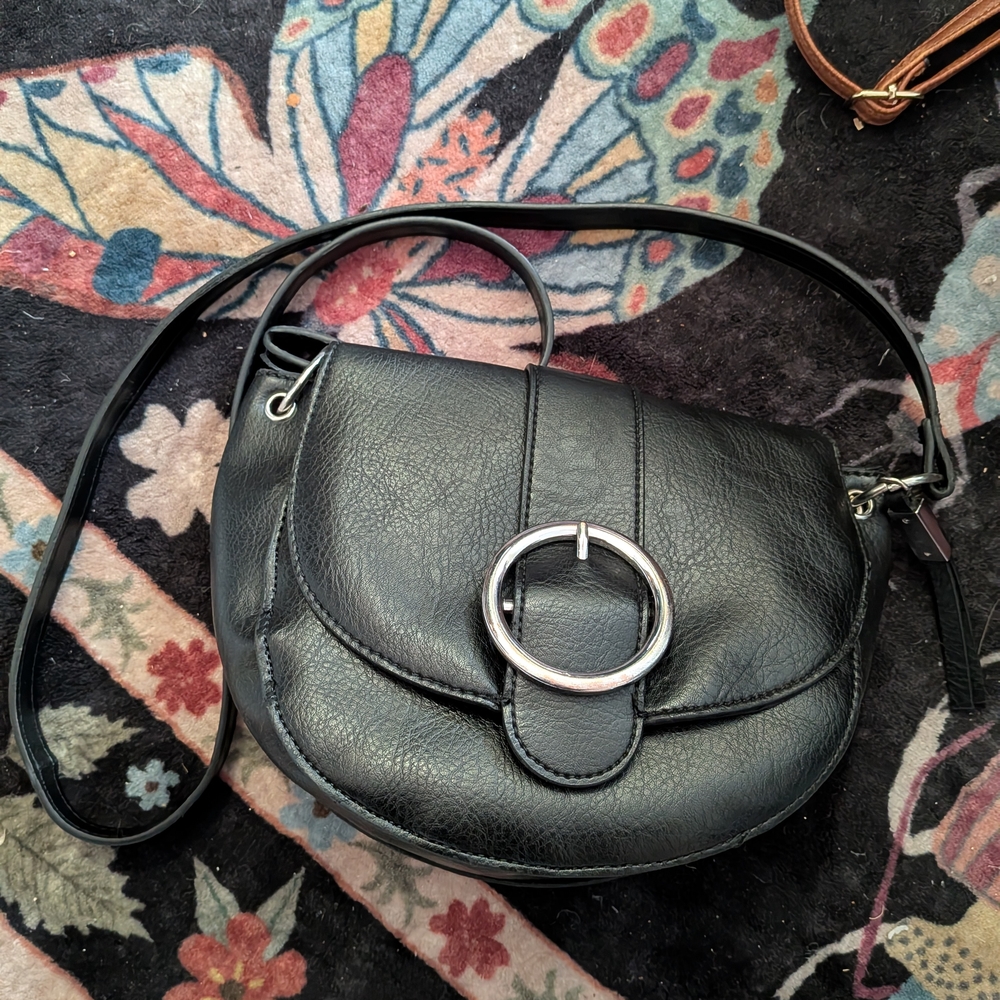 Classic Black Crossbody Bag with Silver Ring Accent